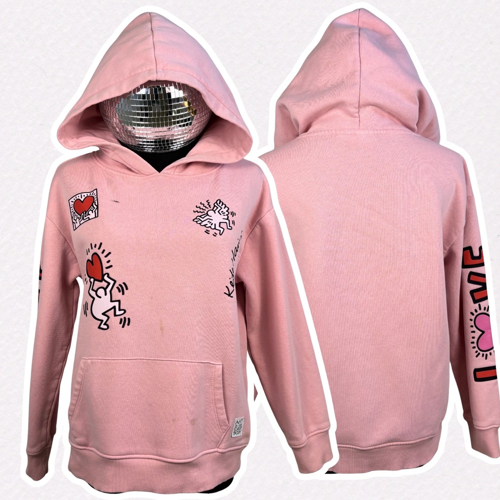 Keith Haring Kids Pink Graphic Pop Art Hoodie Sweatshirt XL Heart Love